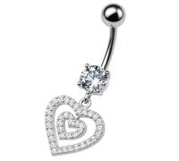 generisch PIERCINGO® ECHT-SILBER 925 Bauchnabel-piercing 2 Zwei Herzen Anhänger Zirkonia-Kristalle Titan G23 Titanium ASTM F136 Piercing-Banane Barbell Bauch-Stecker Nabel-piercing 1.6mm x 10mm