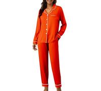 Generisch Pjama Set Für Damen, Schlafanzug Set Damen, Satin Schlafanzüge Langarm Pyjamas Set Mit Knopfleiste Zweiteiliger Nachtwäsche V-Ausschnitt Loungewear Hausanzug Pjs Sets