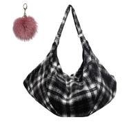 Generisch Plush Checkered Tote Bag for Women,Slouchy Hobo Plaid Underarm Satchel,Large Retro Casual Flannelette Shoulder Bag