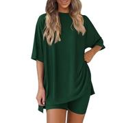 Generisch Pohra Bamboo Soft Lounge Set, Bloom and Breeze Cozy Mama Set ，Women 2 Piece Outfits Crew Neck Oversized Tshirts (Dark Green,M)