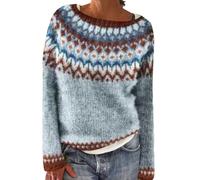 Generisch Pullover Damen Bunt Norweger-Pullover Große Größe Norwegerpullover Verdickt Klassisch Fleece Longpullover Teenager Mädchen Strickpullover Kuschelig Warmer Gestreiftes Pulli Oberteil