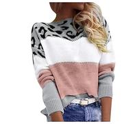Generisch Pullover Damen, Leopard Strickpullover Langarm Rundhals Sweater Patchwork Sweatshirt Herbst Winter Elegant Pulli Warme Lose Blusen Oberteile Tops,S-3Xl