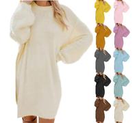 Generisch Pullover Damen Oversize Langarm Longpullover Mode Pulloverkleid Pullis Rundhals Strickkleid Wollkleid Winterkleid Freizeitkleid Black Friday 2024 Angebote(Beige,3XL)