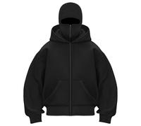 Generisch Pullover Herren mit Kapuze und Zip Balaclava Zip Hoodie Herren Ninja Kapuzenpullover mit Sturmhaube Oversized Mask Jacke Doppel Kapuze Y2K Hoodie Winddichte Übergangsjacke Fahrrad