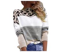 Generisch Pullover & Strickjacken für Damen, Pullover Damen, Leopard Strickpullover Langarm Rundhals Sweater Patchwork Sweatshirt Herbst Winter Elegant Pulli Warme Lose Blusen Oberteile Tops,S-3XL