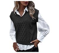 Generisch Pullunder Damen Schwarz, Knopf Baumwolle Ärmellos Strickpullunder Pullover Vintage Braune Warm Strickweste Pullover Vest Strickpullover V Ausschnitt Winter Sweater Vest Pullunder