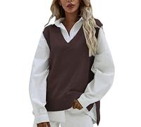 Generisch Pullunder Grau Damen Oversize Braune Winter Strickpullunder Sweater Vest Baumwolle Warm V Ausschnitt Pullover Pullover Vest Strickweste Klassisch Ärmellos Pullunder Damenpulli