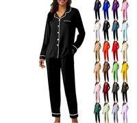 Generisch Pyjama Damen Set, Homewear Damen, Satin Schlafanzüge Langarm Pyjamas Set Mit Knopfleiste Zweiteiliger Nachtwäsche V-Ausschnitt Loungewear Hausanzug Pjs Sets