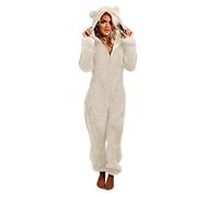 Generisch Pyjamas Jumpsuit Unisex Damen Herren Winter Kuschelig Pyjama Erwachsene Flauschig Onesie Teddy Fleece Hausanzug mit Kapuze Reißverschluss Schlafoverall Lässig Homewear
