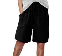 Generisch Reha Hose Damen Seitlich Zu Öffnen Shorts für Damen, Knielang, Leinen, weites Bein, hohe Taille, Strand-/Sommerhose, lässig, für den Urlaub Hose Kariert Damen Gelb (Black, M)