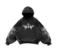 Generisch Retro Streetwear Engel Print Pullover Hoodie für Herren mit Fronttasche weicher Fleece Stoff lässiges Design bequemer Oversize Fit (Black, XL)