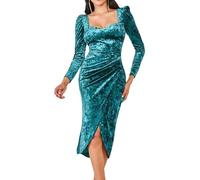 Generisch Samtkleid Damen Lang Mit Schlitz Silvester Kleid Damen Elegant Curvy Festliche Kleider Hochzeit Langarm Midi Winterkleid Festlich Samt Wickelkleid Plissee Partykleid Glitzer Herbstkleid