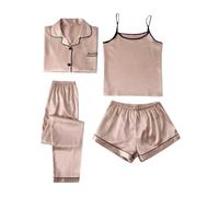 Generisch Satin Pyjama Damen Kurz 4 Teiliges Kurzarm Schlafanzug Nachtwäsche Cami Und Shorts Set Frauen Silk Pjs Sets Hemd Und Shorts Lange Hose Hausanzug Loungewear