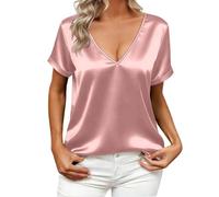 Generisch Satin Tshirt Damen Elegant V Ausschnitt Kurzarm Bluse Baggy Sommer T-Shirts Einfarbig Freizeit Oberteil Seidenbluse Büro Alltag Tee Top Party Abendessen Outfit Hemdbluse