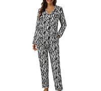 Generisch Schlafanzug Damen Lang Zweiteiler Pjama Nachtwäsche mit Knopfleiste Bequeme Pyjamahose Pjama Set Frauen Morgenmantel Hausanzug Sleepwear Baggy Freizeitanzug