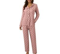 Generisch Schlafanzug Damen Lang Zweiteiler Pjama Nachtwäsche mit Knopfleiste Bequeme Pyjamahose Pjama Set Frauen Morgenmantel Hausanzug Sleepwear Baggy Freizeitanzug