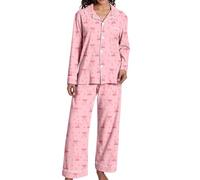 Generisch Schlafanzug Damen mit Schleife Herz Druck Langärmelig Knopfleiste Hemd Lounge Hose Set Y2k Schlafanzüge Süße Nachtwäsche Sleepwear Freizeitanzug Hausanzug