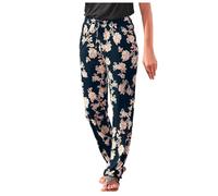 Generisch Schlupfhose Damen Boho Leicht Sommerhose Gestreifte Blumen Strandhose Long Casual Trousers Yogahose,Marine,M