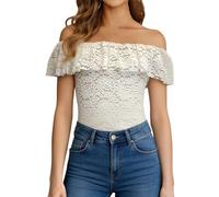 Generisch Schulterfreie Blusen Damen Off Shoulder Blusentops Floraler Spitzenbesatz Tshirt Kurzärmelig Rüschenrand T-Shirts Y2K Streetwear Sommer Spitzen-Top Ärmellos Freizeitbluse