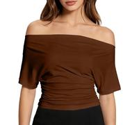 Generisch Schulterfreies Oberteil Damen Sommer Kurzarm Tshirt Einfarbig Cinched Waist T Shirt Freizeit Off Shoulder T-Shirt Y2K Party Outfit Lässig Modischer Tee Locker Basic Bluse