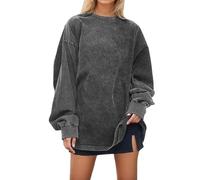 Generisch Schweres Damen Sweatshirt ohne Langarm Rundhalsausschnitt Pullover mit verwaschenem lockerer Passform Winter Oberteil (Grey, M)