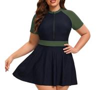 Generisch Sexy Badeanzug Damen,Zweiteiliges Rashguard-Badeanzug-Set FüR Damen In ÜBergrößE Kurzarm-Badekleid Mit ReißVerschluss Und Shorts