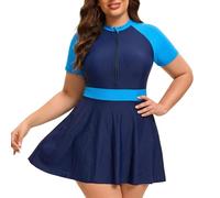 Generisch Sexy Badeanzug Damen,Zweiteiliges Rashguard-Badeanzug-Set FüR Damen In ÜBergrößE Kurzarm-Badekleid Mit ReißVerschluss Und Shorts