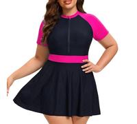 Generisch Sexy Badeanzug Damen,Zweiteiliges Rashguard-Badeanzug-Set FüR Damen In ÜBergrößE Kurzarm-Badekleid Mit ReißVerschluss Und Shorts