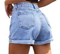 Generisch Shorts Damen Jeans Kurz Hose Denim High Waisted Ripped Stretchy Kurz Sommerhose Hot Pants Distressed Hem Jeansshorts Blaumann Jeanshosen