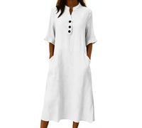 Generisch Sommer Kleider Für Damen, Sommerkleider Damen Leicht Und Luftig, Lässiges Einfarbiges Midikleid Mit Knopfleiste Bequemes Locker Geschnittenes Sommerkleid Mit Taschen