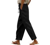Generisch Sommer Leinenhose Damen 7/8 Leichte Freizeithose Casual Musselin Sommerhose Stoffhose Kordelzug Straight Leg Luftig Hose Mit Taschen