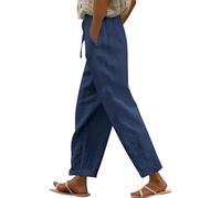 Generisch Sommer Leinenhose Damen 7/8 Leichte Freizeithose Casual Musselin Sommerhose Stoffhose Kordelzug Straight Leg Luftig Hose Mit Taschen