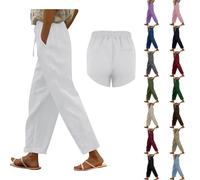 Generisch Sommer Leinenhose Damen 7/8 Leichte Freizeithose Casual Musselin Sommerhose Stoffhose Kordelzug Straight Leg Luftig Hose Mit Taschen