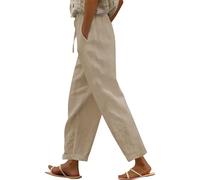 Generisch Sommer Leinenhose Damen 7/8 Leichte Freizeithose Casual Musselin Sommerhose Stoffhose Kordelzug Straight Leg Luftig Hose Mit Taschen