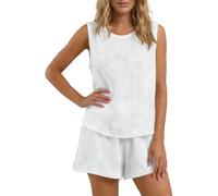 Generisch Sommer Zweiteiler Damen Ärmellos Rundhals Einfarbig Locker Bequem Shorts Set Atmungsaktiv Lässig Freizeitanzug Shorts und Poloshirt Set Freizeit Weicher Loungewear für Alltag Strand Urlaub