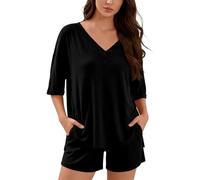 Generisch Sommer Zweiteiler Damen V-Ausschnitt Einfarbig Kurzarm Shirt High Waist Shorts Lässig Strand Set T-Shirt und Hose Set Atmungsaktiv Bequem Leicht Freizeitanzug Loungewear