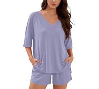 Generisch Sommer Zweiteiler Damen V-Ausschnitt Einfarbig Kurzarm Shirt High Waist Shorts Lässig Strand Set T-Shirt und Hose Set Atmungsaktiv Bequem Leicht Freizeitanzug Loungewear