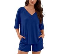Generisch Sommer Zweiteiler Damen V-Ausschnitt Einfarbig Kurzarm Shirt High Waist Shorts Lässig Strand Set T-Shirt und Hose Set Atmungsaktiv Bequem Leicht Freizeitanzug Loungewear