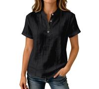 Generisch Sommerblusen Damen Leicht Luftig Blusenshirt Einfarbig Kurzarm Tunika Knopfleiste Lose Boho Schlupfbluse Button Down Stehkragen Lochstickerei Top Elegant Vintage Arbeitsshirt