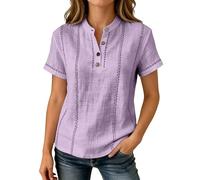 Generisch Sommerblusen Damen Leicht Luftig Blusenshirt Einfarbig Kurzarm Tunika Knopfleiste Lose Boho Schlupfbluse Button Down Stehkragen Lochstickerei Top Elegant Vintage Arbeitsshirt