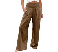 Generisch Sommerhose Damen Leicht Leinenhose Freizeithose Pumphose Chino Stoffhose Marlenehose Leinen Sommer High Waist Hose Boho Kleidung Baggy Outdoor Strandhose Linen Pants Khaki L