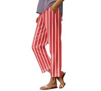 Generisch Sommerhose Damen Mode Arbeitshose Leicht Stoffhose Gestreift Freizeithose 3/83 Bequeme Wanderhose Luftig Jogginghose Elastische Taille Radlerhose Anzughose Strandhose(A10 Red,XL)