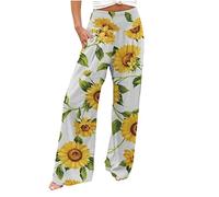 Generisch Sommerhosen Damen Sporthose Yogahosen Weites Bein Sommerhose Straight Bein Hose Sonnenblume Drucken Lose Hose Mit Gummizug High Waist Weite Hose Outdoorhose