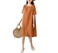 Generisch Sommerkleid Aus Baumwoll Leinen für Damen Midi Lässig Kurzärmelig Rundhalsausschnitt Strandkleid mit Taschen Basic Strandkleid Urlaubskleidung für Damen Karamell S