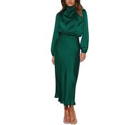 Generisch Sommerkleid Damen Elegant Kleid Aus Einfarbigem, Hochgeschlossenem Satin Mit Langen Ärmeln Und Eleganter, Schmaler Passform Kleid Langarm Eng