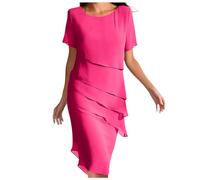 Generisch Sommerkleid Damen Knielang Chiffon Kleider Kurzarm Rundhals Mehrlagiges Midikleid Elegant Hochzeit Cocktail Party Chiffonkleid Sommer Einfarbig Midi Hochzeitsgast Kaskadenkleid Wickelkleid