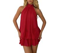 Generisch Sommerkleid Damen Lässiges Strandklerid ärmellos Rückenfrei Damenkleid mit Bindegürtel Ausgestelltes Minikleid Chiffon Neckholder Minikleid Drop Waist Partykleid