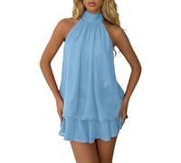 Generisch Sommerkleid Damen Lässiges Strandklerid ärmellos Rückenfrei Damenkleid mit Bindegürtel Ausgestelltes Minikleid Chiffon Neckholder Minikleid Drop Waist Partykleid