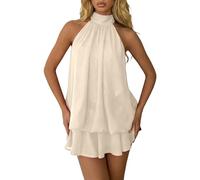 Generisch Sommerkleid Damen Lässiges Strandklerid ärmellos Rückenfrei Damenkleid mit Bindegürtel Ausgestelltes Minikleid Chiffon Neckholder Minikleid Drop Waist Partykleid