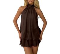 Generisch Sommerkleid Damen Lässiges Strandklerid ärmellos Rückenfrei Damenkleid mit Bindegürtel Ausgestelltes Minikleid Chiffon Neckholder Minikleid Drop Waist Partykleid